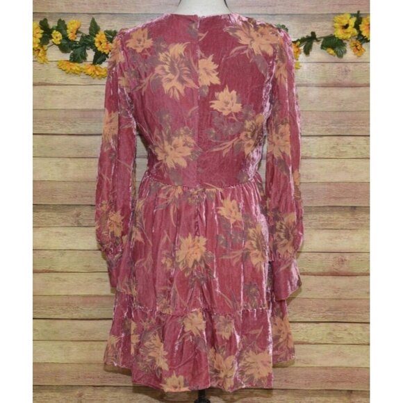 FATE Tiered Floral Dress Pink Long Sleeve Velvet Burnout Lined Ladies S V-Neck - Picture 7 of 12